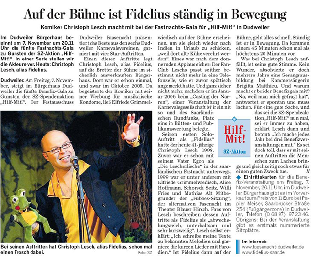 Ausschnitt aus der Saarbrücker Zeitung; Fidelius, auf der Bühne ständig in Bewegung